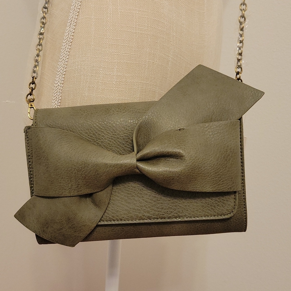 Anthropologie Olive Green Clutch with Bow Detail